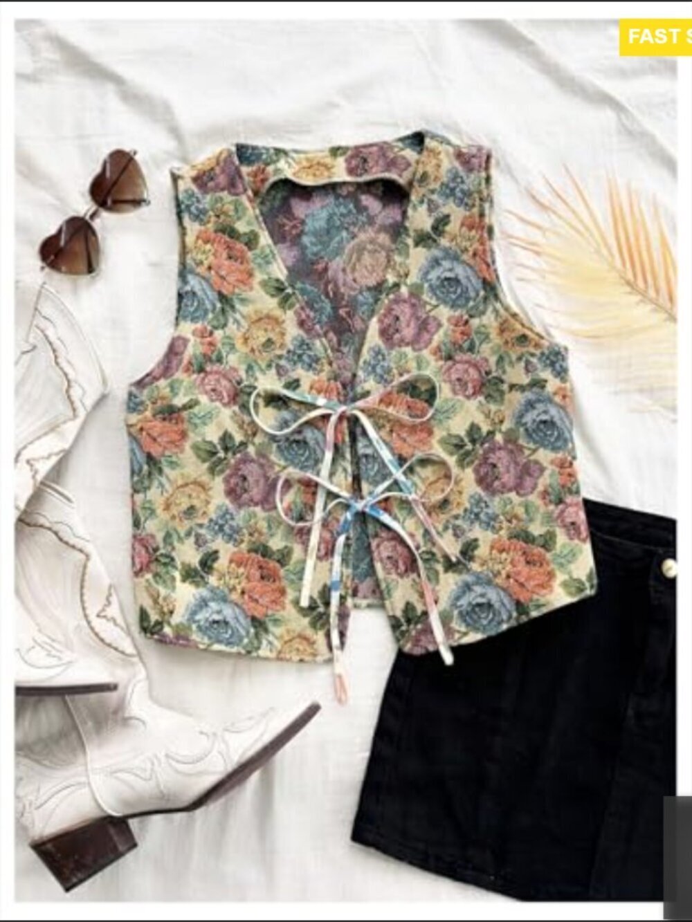 Vintage Floral Bow Tie Front Vest Sleeveless V Neck Crop Tank Top - Picture 5 of 5